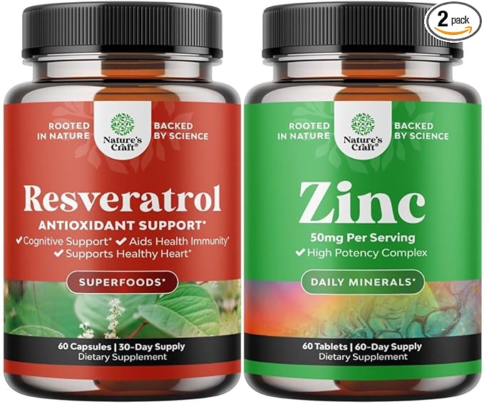 Bundle of Anti Aging Trans Resveratrol Supplement and Halal Zinc Supplement 50 mg - Natural Joint Support Supplement - Zinc Immune System Booster and Natural Zinc Supplement