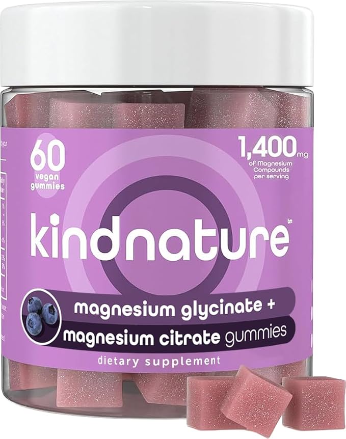 KINDNATURE Magnesium Glycinate &amp Citrate Gummies – Calm Magnesium Complex for Sleep Stress Cramps &amp Digestion – Chewable Vegan Magnesium Supplement for Women Teens Adults – 60 Ct