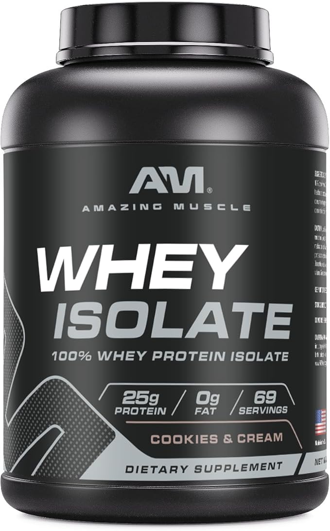 Amazing Muscle Whey Protein Isolate Powder | 25 Grams Protein Per Serving | 100% Whey Isolate | Zero Fat | Made in USA (5 LB Cookies &amp Cream)
