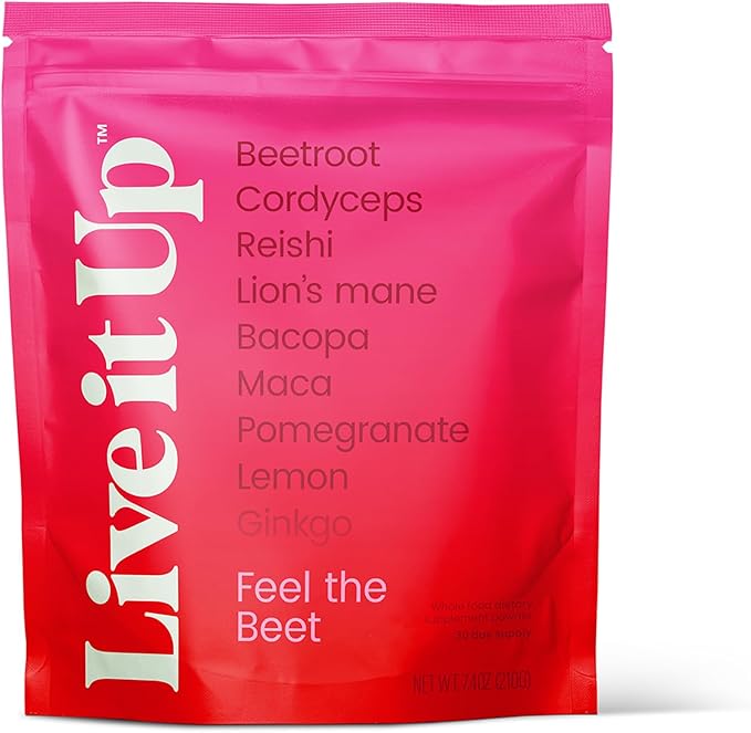 LIVE IT UP | Feel the Beet: Beetroot Powder with Superfood Vitality Blend | Supports Energy Endurance and Clarity | Contains Ginkgo Beetroot Plant-Based Nitrates Antioxidants and Adaptogens
