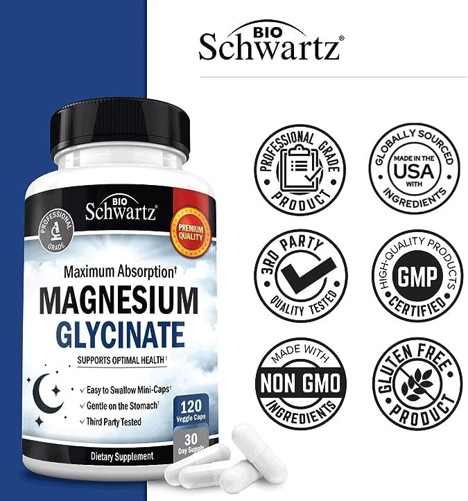 BioSchwartz Magnesium Glycinate 500mg Capsules (120 Mini Caps) Maximum Absorption Magnesium Supplement for Healthy Nerves Muscles Heart Mood and Sleep Support (Vegan Gluten-Free Non-GMO) (Pack of 2)
