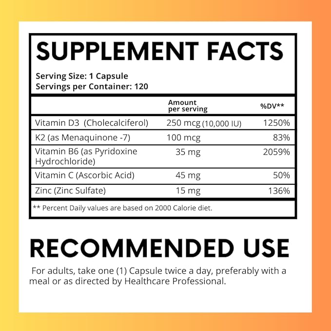 Vitamin D3 10000 IU &amp Vitamin K2 100 mcg with Vitamin C - 120 Capsules - Heart &amp Bone Support Capsule Supplemet - Non-GMO &amp Gluten Free Made in USA