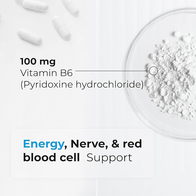 Vitamin B6 100 mg - Capsules B6 Pyridoxin - Supports Energy Production &amp Metabolism - 2 Months Supply Vitamin B6 Supplement Made in Canada Non-GMO Vegan (60 Count)
