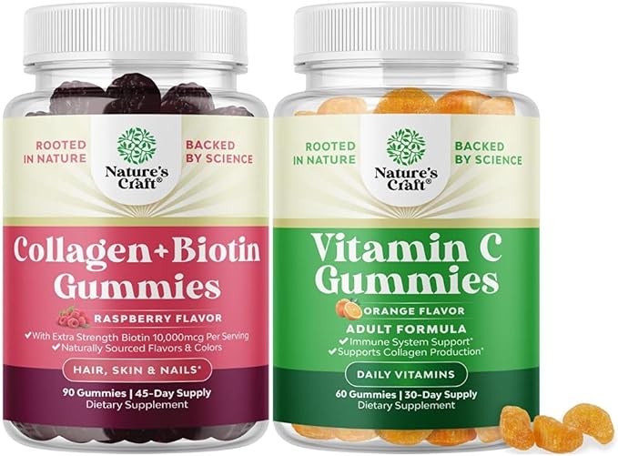 Bundle of Hair Skin and Nails Gummies - Extra Strength Biotin and Collagen 10000mcg per Serving and Chewable Vitamin C Gummies - Halal Ascorbic Acid Immune Booster &amp Natural Cold Remedy for Adults