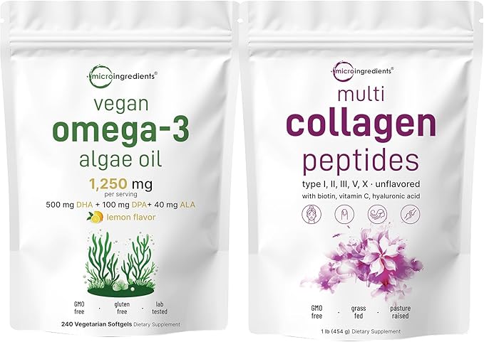 Micro Ingredients Multi Collagen Protein Powder 16oz &amp Vegan Omega 3 Algae Oil Supplement Bundle 2 Pack | Grass-Fed Collagen Peptides | Omega-3 Full Spectrum Alternative to Fish Oil