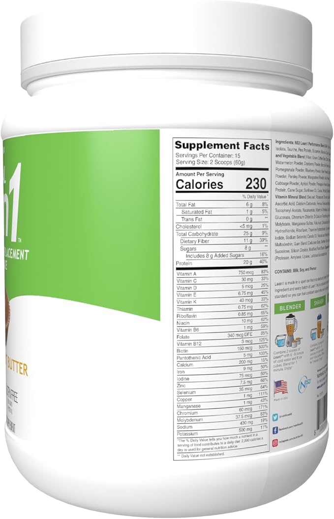 Lean1 Meal Replacement Protein Powder Chocolate Peanut Butter Flavor 15-Serving Tub.