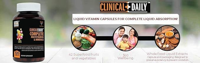Clinical Daily Complete Whole Food Multivitamin Supplement for Women &amp Men - Complete Liquid Vitamin Absorption! 42 Superfood Fruits Vegetables - Young Adult to Senior - 120 Liquid Capsules