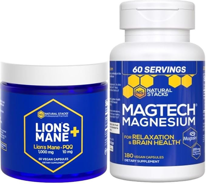 NATURAL STACKS Magtech Magnesium + Lions Mane Supplement Bundle - Supports Cognitive Function Brain Health &amp Relaxation* - 240 Total Capsules