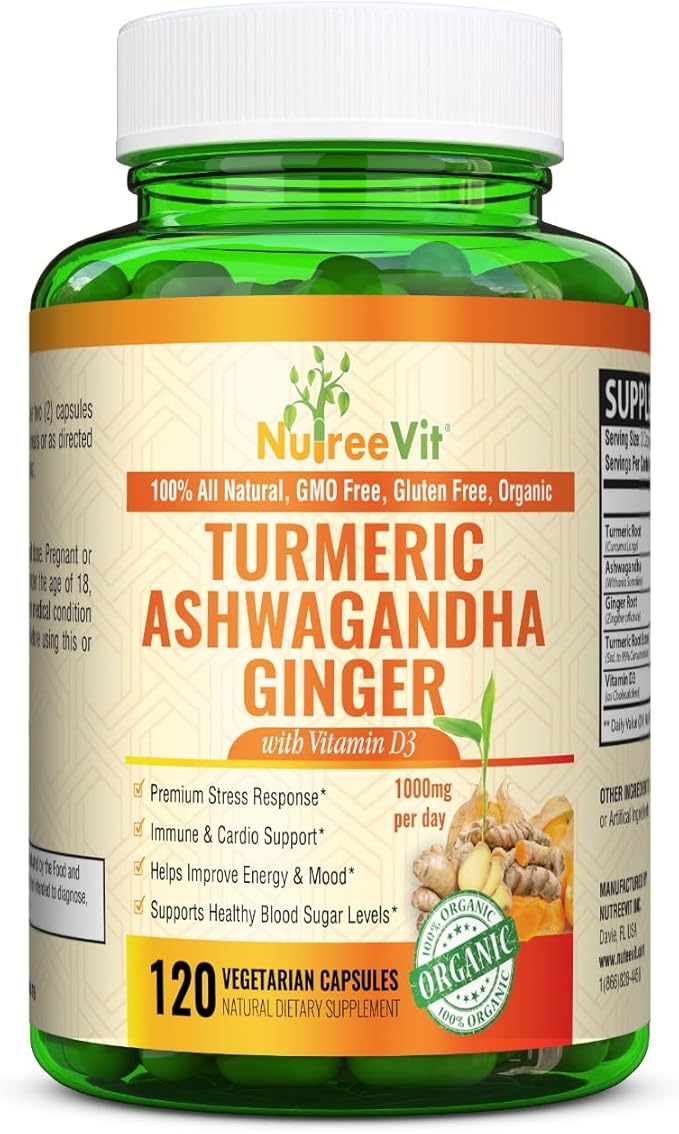 NutreeVit Organic Turmeric with Ashwagandha &amp Ginger - 120 Capsules | Ashwagandha Root &amp Turmeric Supplement with Vitamin D3 | Herbal Supplement for General Wellness
