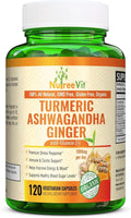 NutreeVit Organic Turmeric with Ashwagandha &amp Ginger - 120 Capsules | Ashwagandha Root &amp Turmeric Supplement with Vitamin D3 | Herbal Supplement for General Wellness