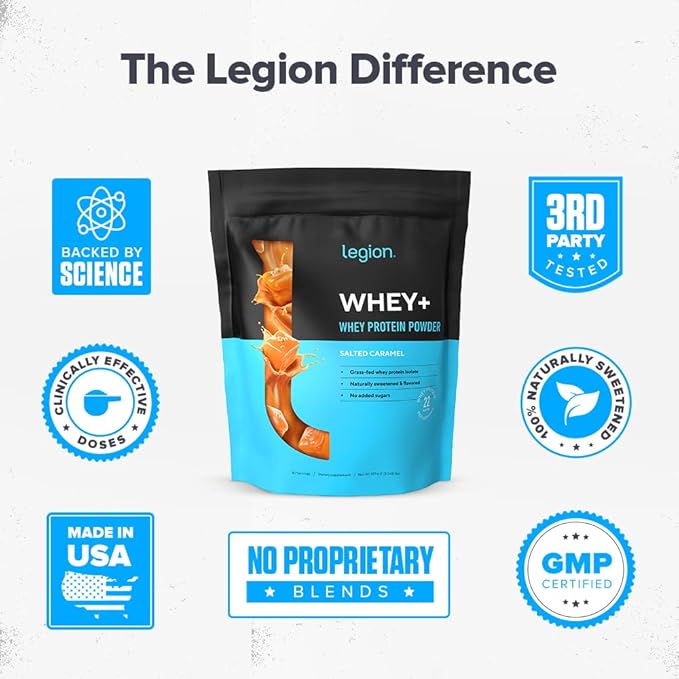 LEGION Whey+ Protein Whey Isolate from Grass Fed Cows (Salted Caramel 30 Servings) - Whey Protein Isolate Powder Low Calorie Non-GMO Sugar Free Lactose and Gluten Free All Natural Protein Powder