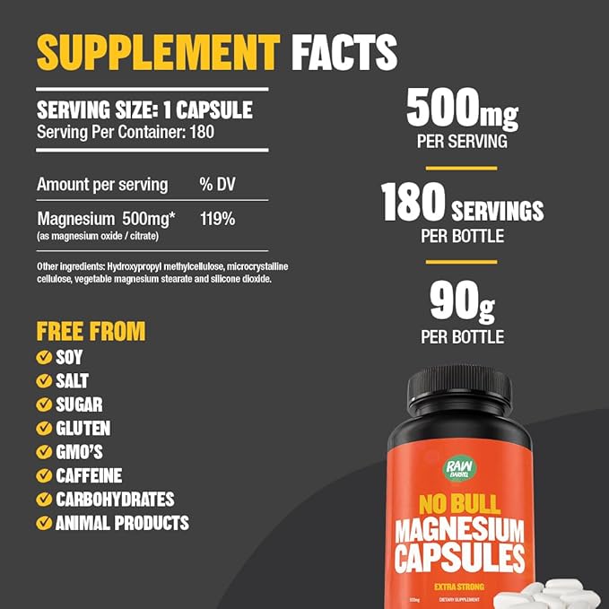 “No Bull” Magnesium Capsules Unique Magnesium Citrate and Oxide Formula for Sleep and Relaxation Magnesium Pills to Prevent Muscle Aches and Spasms Magnesium Oxide Citrate 500g