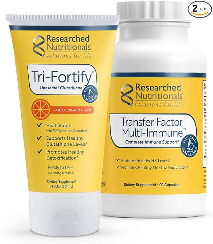 Researched Nutritionals Liposomal Glutathione (450mg) + Colostrum &amp Mushrooms Supplement for Immune Support - Enhanced Immunity Duo - Tri-Fortify Orange + Transfer Factor Multi-Immune (2 Piece Set