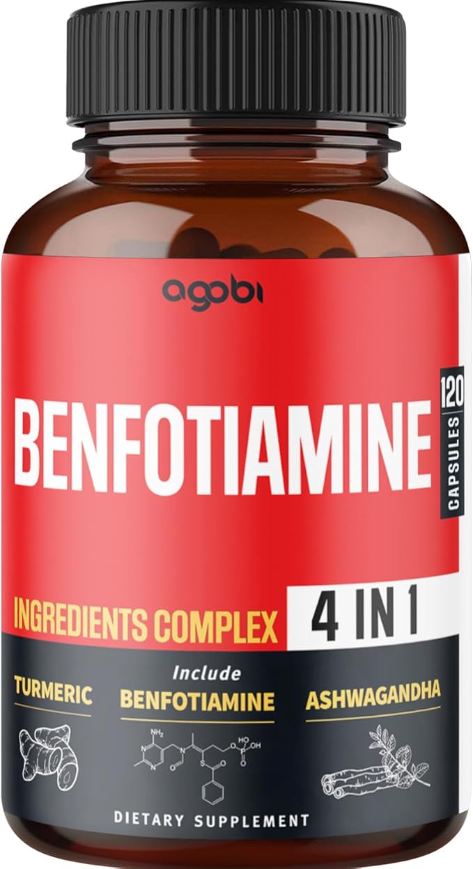 agobi 4in1 Benfotiamine Supplement - 2 Months for Digestion Energy Production &amp Immune - Plus Turmeric Curcumin Root Ashwagandha Root &amp Organic Gymnema Sylvestre - 120 Capsules