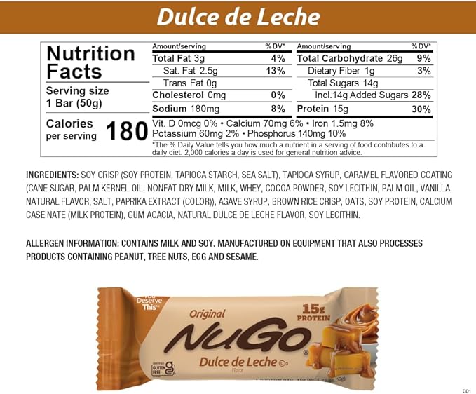 NuGo Protein Bar NEW! Dulce De Leche 15 bars &amp Vanilla 15 bars 11-15g Protein Gluten Free 30 Count
