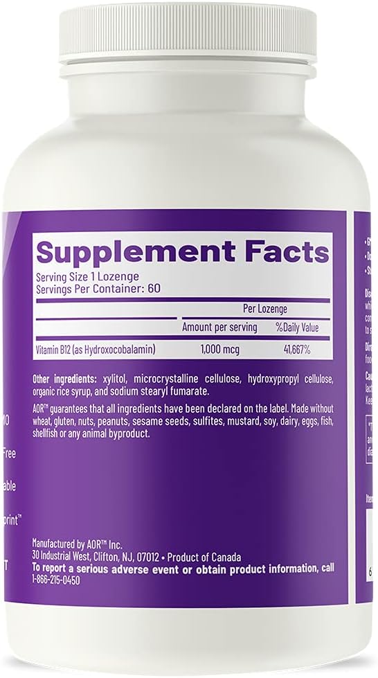 AOR Hydroxy B12 1000mcg 60 Lozenges 60-Day Supply Hydroxocobalamin for Daily Vitality Nervous System Support Vegan
