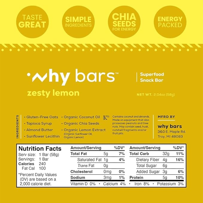 Why Bars Superfood Protein Bars 2.04 Ounce Bars - Protein Bar Superfood Gluten Free Non GMO Organic Vegan Simple Ingredients (Zesty Lemon)