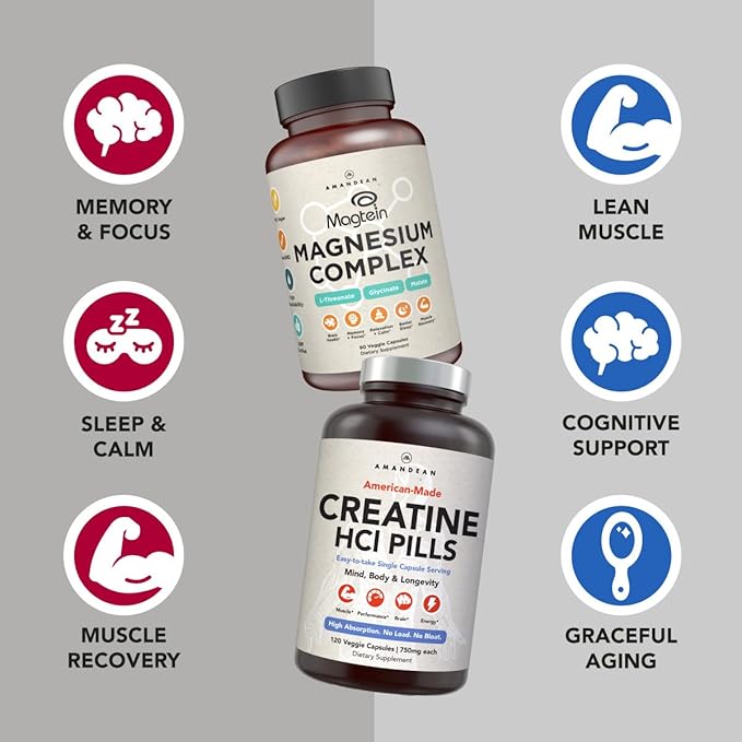 AMANDEAN Magnesium Complex &amp Premium Creatine HCl Bundle. Branded &amp Studied. USA-Made CON-CRET. High-Absorption Magnesium Threonate Glycinate &amp Malate. Lean Muscle. Energy. Cognition Mem
