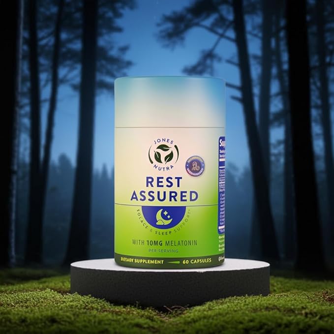 Rest Assured Nighttime Sleep Support Supplement with Melatonin Magnesium Chamomile Passion Flower St John's Wort Ashwaganda L-Theanine L-Taurine Eco-Friendly Packaging 30 day supply