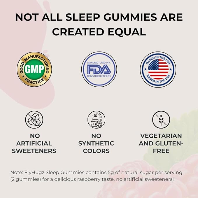 FlyHugz Travel Sleep Support Gummies for Adults with Melatonin L Theanine and Magnesium 60 Vegan Gummies 30 Day Supply Supports Relaxation Calm and Restful Sleep Raspberry Flavor