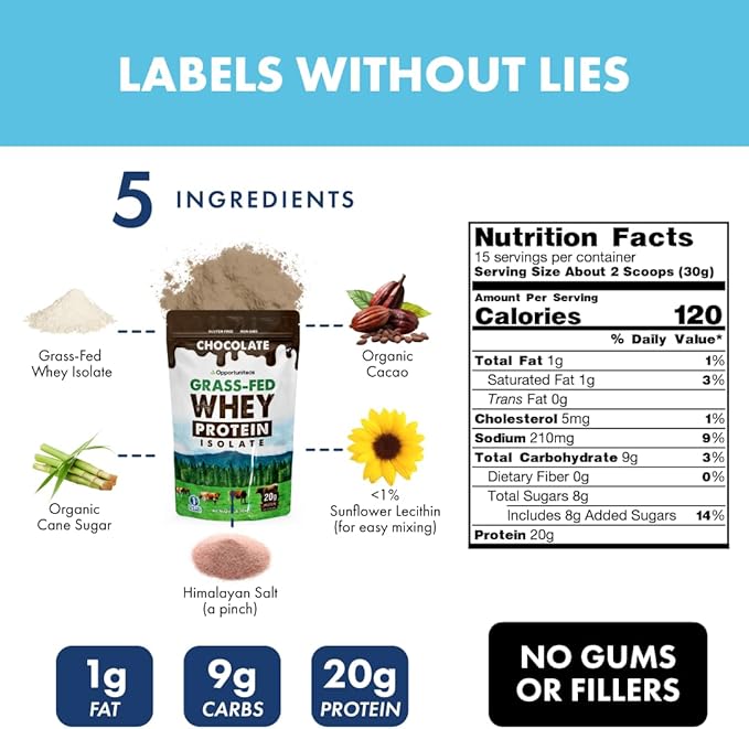 Opportuniteas Grass Fed Chocolate &amp Vanilla Whey Protein Isolate Powder - Protein Powder Without Artificial Sweeteners Hormone-Free Cows Non GMO - 2X 1lb Bundle