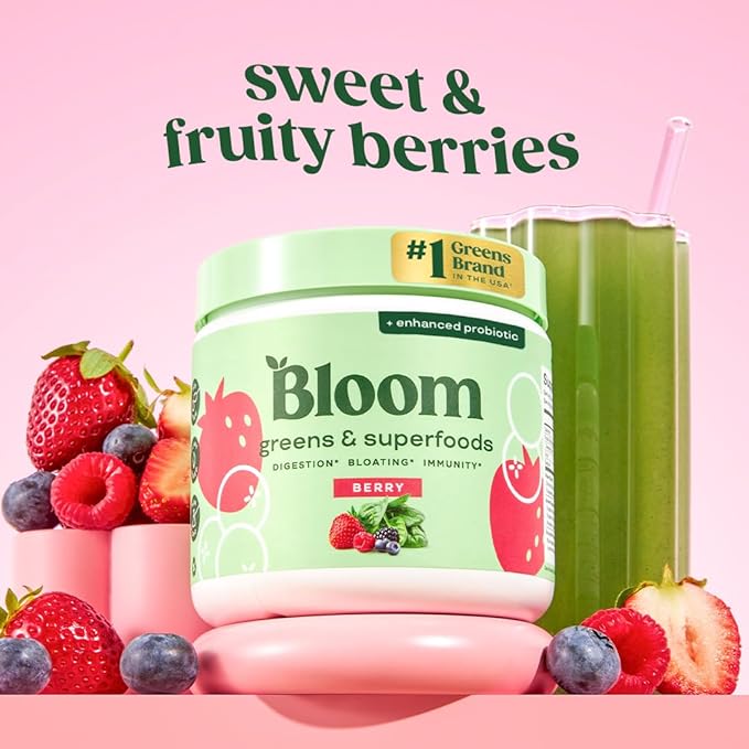 Bloom Nutrition Superfood Greens Powder Digestive Enzymes with Probiotics and Prebiotics Gut Health Bloating Relief for Women Chlorella Green Juice Mix with Beet Root Powder 30 SVG Berry