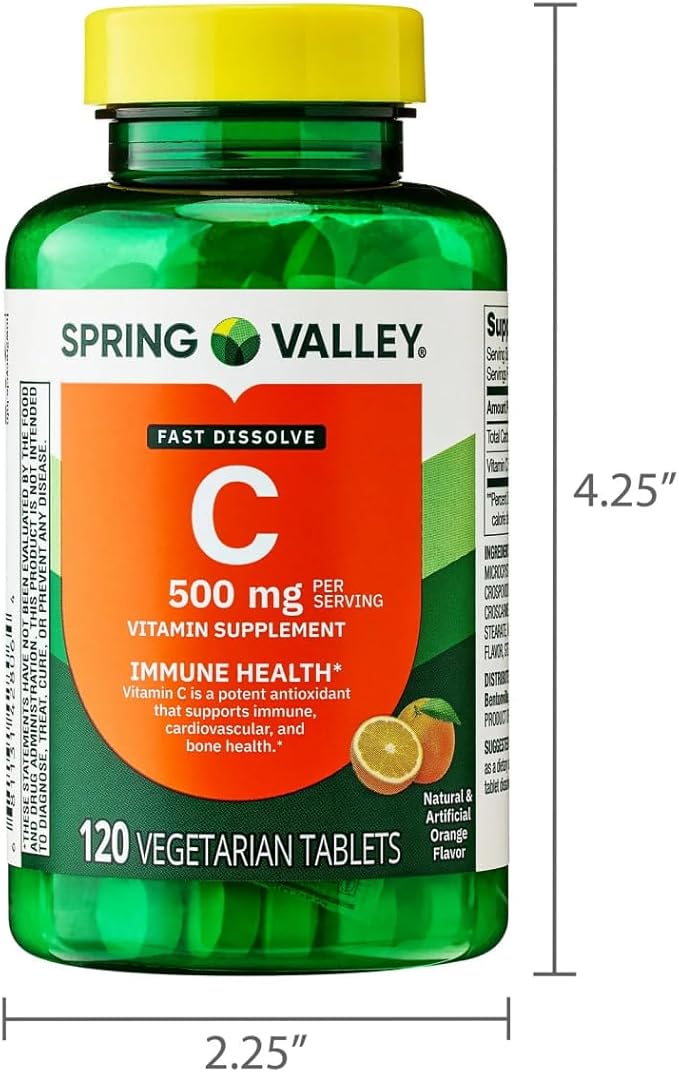 SUREFECT Spring Valley Vitamin C 500 mg Fast Dissolve Tablets Orange Flavor Dietary Supplement 120 Count Organizer.
