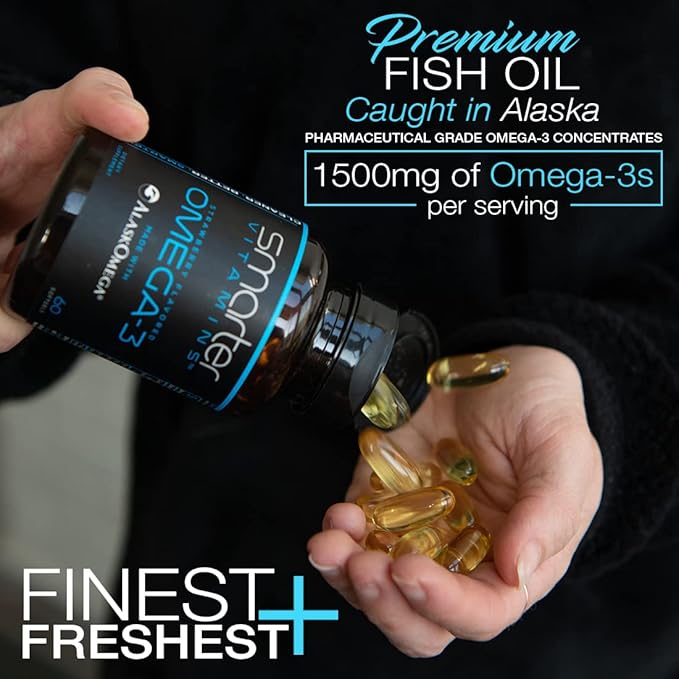 SmarterVitamins Omega 3 Fish Oil Strawberry Flavor Burpless Tasteless 2000mg DHA EPA Triple Strength Made with AlaskOmega®