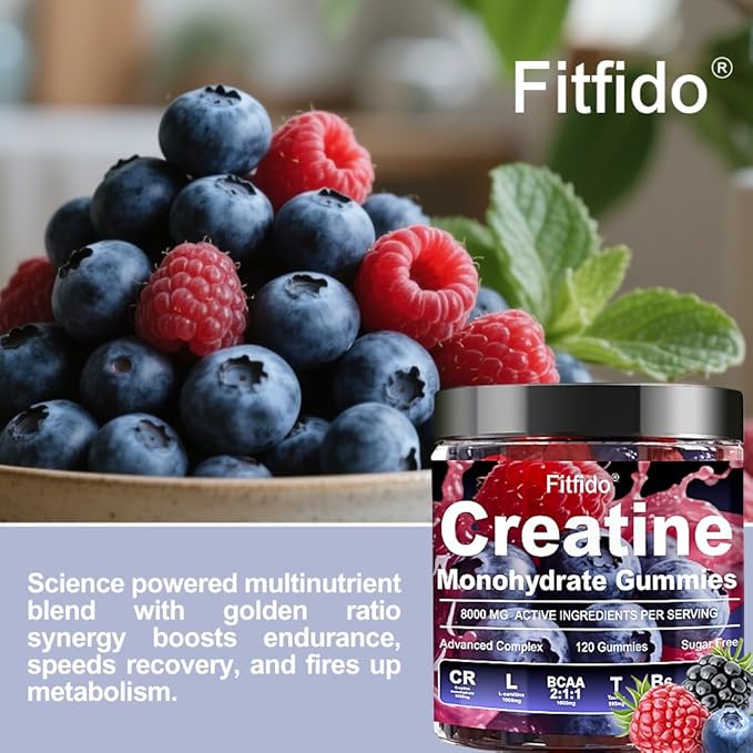Creatine Monohydrate Gummies Complex 8000mg for Men and Women Containing L-carnitine &amp Taurine Build Muscle Boost Energy Faster Recovery Sugar Free &amp Vegan Raspberry &amp Blackberry 12