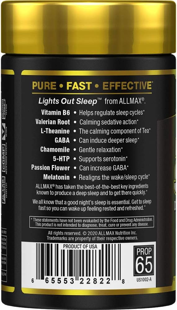 ALLMAX Light’S Out Sleep - 60 Capsules - Promotes Rest &amp Relaxation - with Vitamin B6 L-Theanine Chamomile &amp Melatonin - 30 Servings