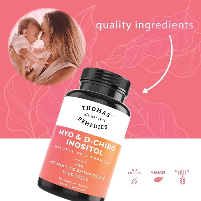 Thomas' all-natural Remedies Myo Inositol Supplement &amp D-Chiro Inositol Blend Supplement with Folate and Vitamin D3 40 to 1 Ratio Non-GMO No Fillers CoQ10 90 Vegan Capsules