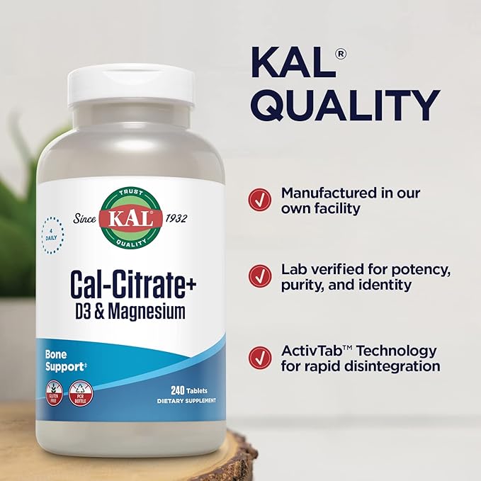 KAL Cal-Citrate+ Calcium Citrate Plus Vitamin D-3 and 500 mg of Magnesium Healthy Bones and Teeth Support Gluten Free and Lab Verified for Quality 60 Servings 240 Tablets
