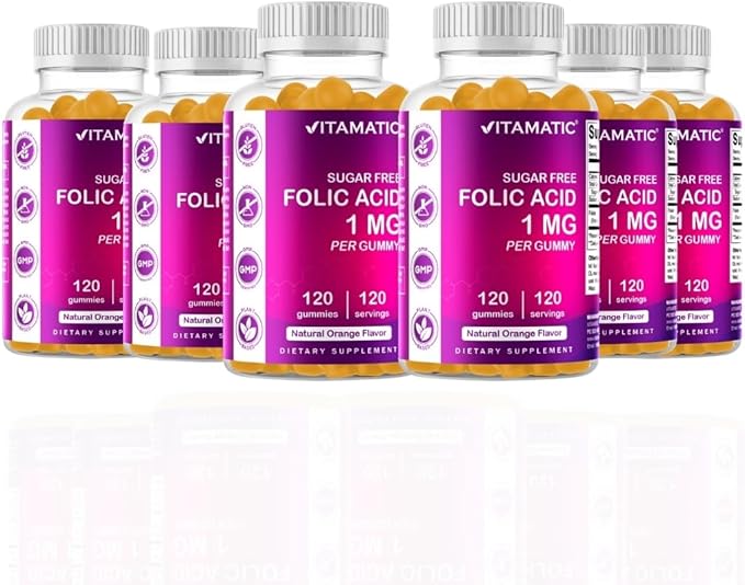 Vitamatic Folic Acid Gummies 1000 mcg (1 mg) - an Essential Prenatal Vitamins for Mom &amp Baby - Vitamin B9-120 Vegan Gummies (6)