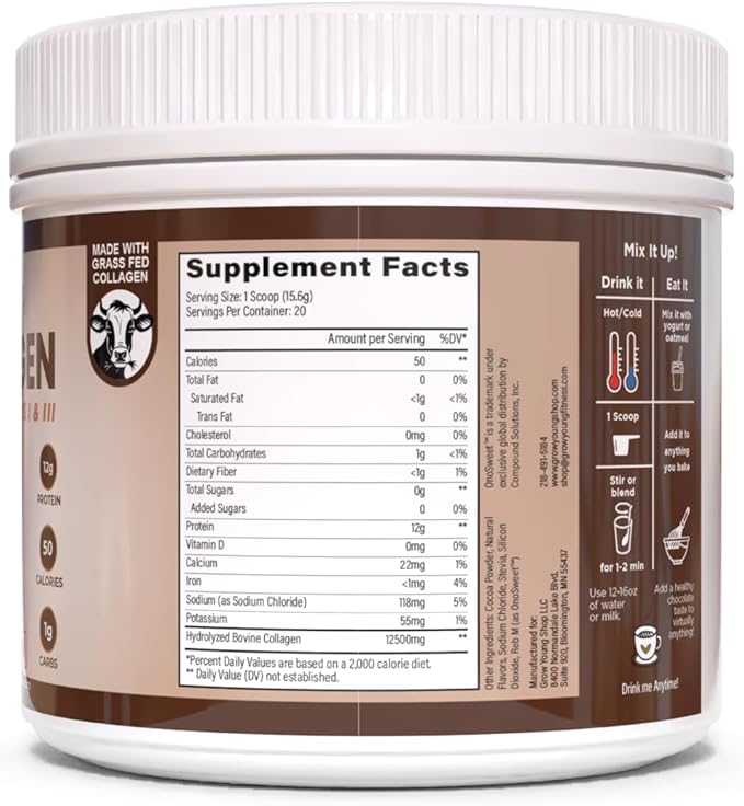 Grow Young Fitness Chocolate Collagen Protein - Promotes Skin Bones Joints Weight Loss Sugar Free (11 oz 20 Servings)