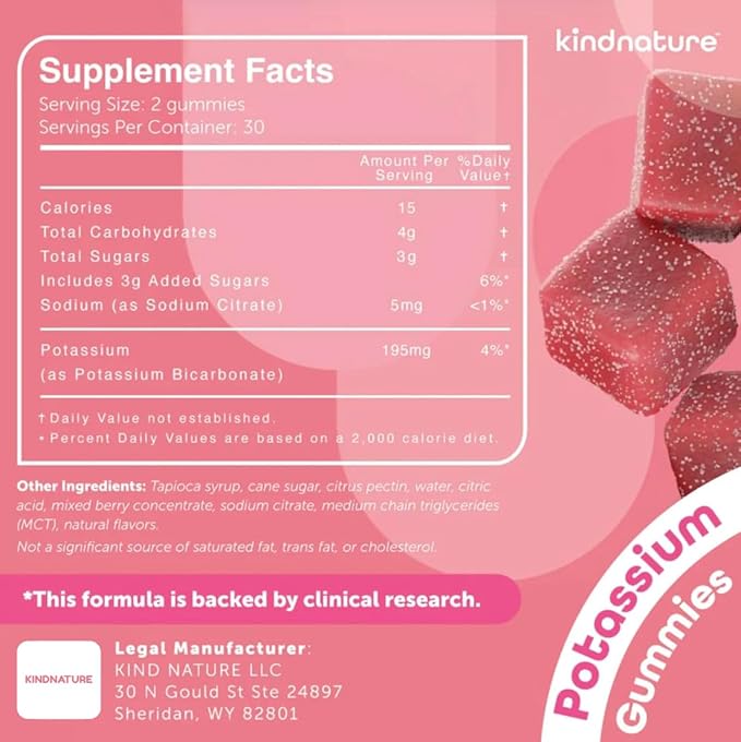 KINDNATURE Potassium &amp Magnesium Gummies for Adults &amp Kids - Potassium Supplement 500mg &amp 1000mg Magnesium Citrate &amp 400mg Magnesium Glycinate Chewable Gummies