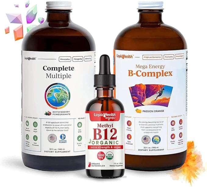 LIQUIDHEALTH High Performance Vitamin Bundle for Adults with Mega Energy B-Complex Complete Multiple Multivitamin &amp Organic Vitamin B12 Drops - Boost Natural Energy &amp Improve Athletic Perform