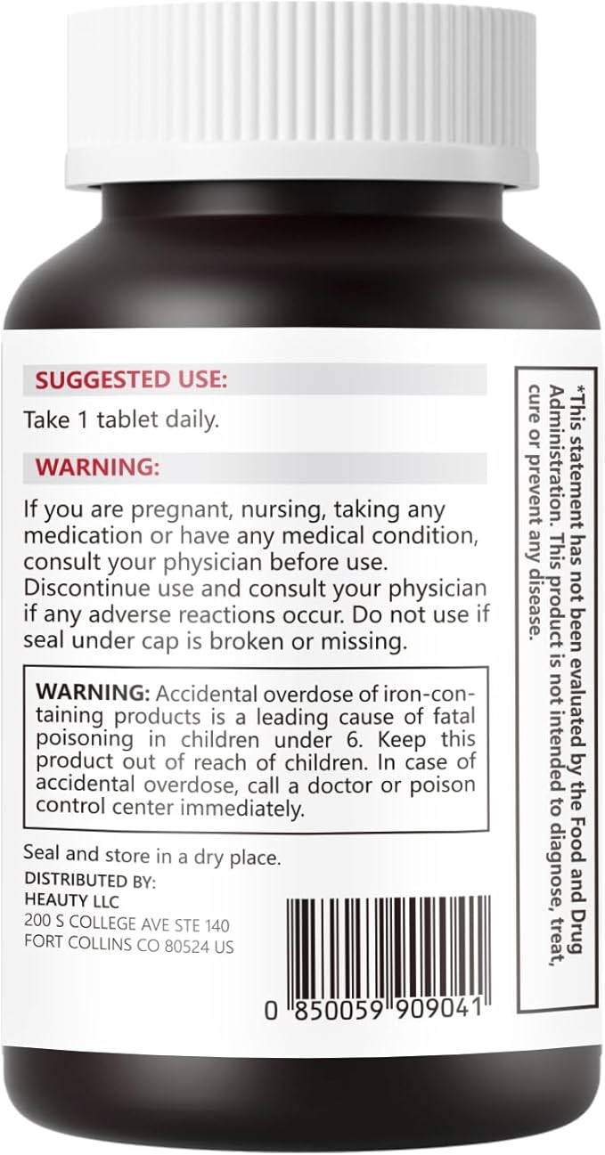 Gentle Iron (Ferrous Bisglycinate Chelate) with Vitamin C B12 &amp Folate — 25 mg Iron — 60 Tablets 2-Month Supply