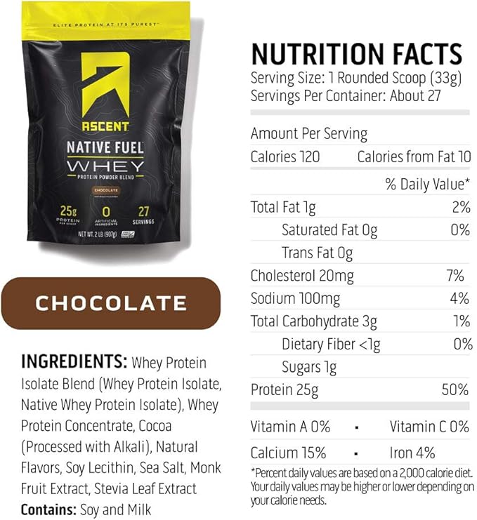 Ascent Native Fuel Whey Protein Powder - Chocolate - 15 Single Serving Packets