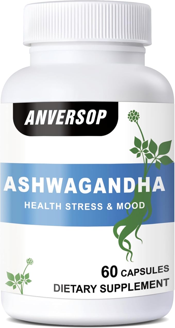 ANVERSOP Ashwagandha Root Supplement 600mg Organic Root with Turmeric Ginger &amp Black Pepper Natural Stress &amp Energy Support Non-GMO 60 Capsules