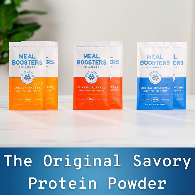 Meal Boosters MB Variety Pack Sampler Savory Protein Supplement Cheesy Cheese Buffalo Unflavored Grass-Fed Collagen Muscle Growth Tendon Ligament Hair Skin Repair Gut Health