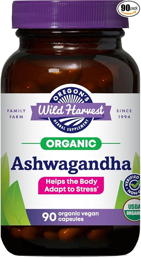 Oregon's Wild Harvest Certified Organic Ashwagandha Herbal Vegan Capsules 1200 MGS 90 Count