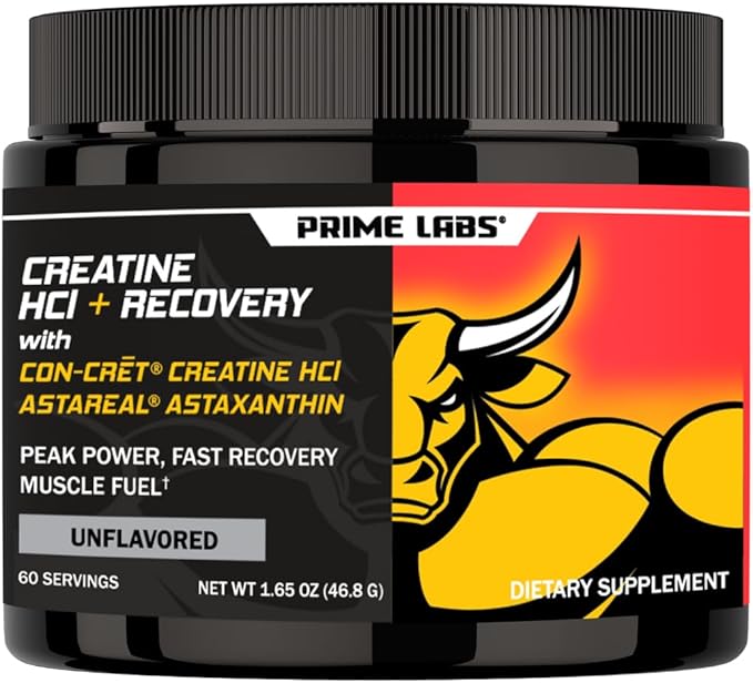 Prime Labs Creatine HCl Powder with AstaReal Astaxanthin 6mg - Supports Muscle Recovery &amp Brain Health - Con-Cret Creatine HCl (7X More Concentrated Than Monohydrate) - 60 Servings