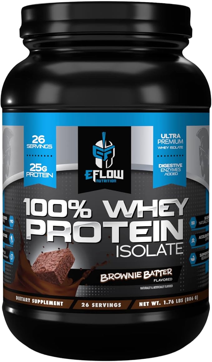 eFlow Nutrition 100% Whey Protein Isolate - Gluten &amp Lactose-Free Digestive Enzymes Added Low Carb Post Workout Shake Fast Digesting for Optimal Muscle Recovery - Brownie Batter (26 Servings)