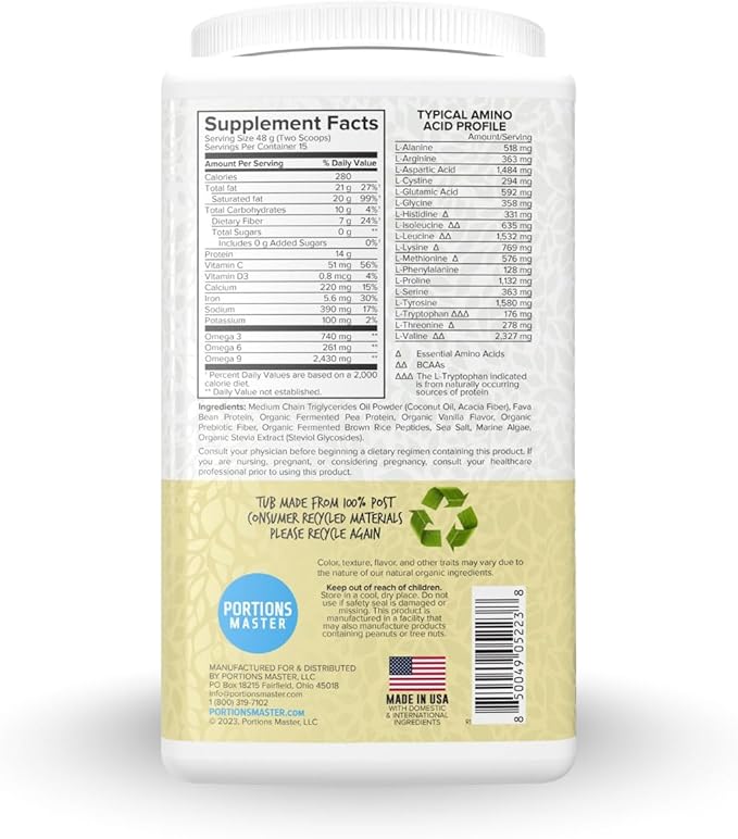 Portions Master Keto Body Protein Peptides Low Carb Keto Protein Powder with MCT Oil Peptides Fiber Vitamins Minerals (720g Vanilla Cream)