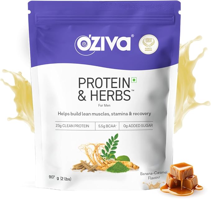 OZIVA Protein &amp Herbs for Men Banana Caramel Protein Powder for Men for Muscle Building Recovery and Better Stamina (with 23G Whey Protein + 15 Multivitamin for Men) Certified Clean 1Kg