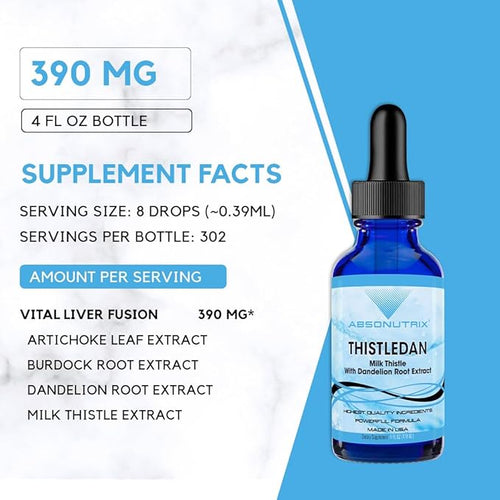Absonutrix Thistledan 390 mg 4 FL OZ Liquid 302 Servings Made in USA Plant-Based Ingredients Artichoke Leaf Burdock Root Dandelion Root Milk Thistle Gluten-Free Non-GMO GMP Certified