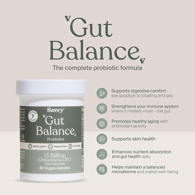 SAVVY Gut Balance Probiotics for Women &amp Men 15 Billion CFU 7 Clinically Studied Strains Digestive Health Immune Support Bloating Relief 60 Vegan Capsules Non GMO Sugar-Free