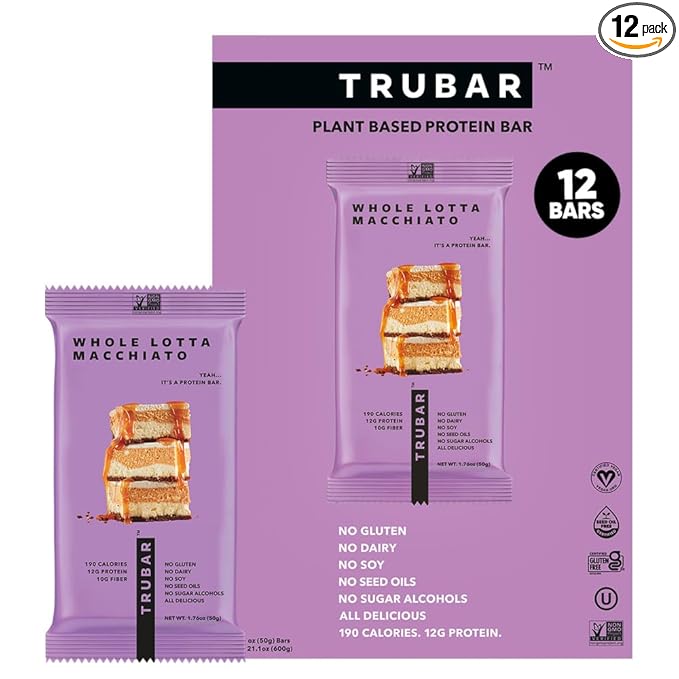 TRUBAR Vegan Protein Bar Whole Lotta Macchiato Gluten Free Plant Based Protein Dairy Free Non GMO Soy Free No Sugar Alcohols 12G Protein 12G Fiber 23G Carb On the Go Snack Bars 12 CT