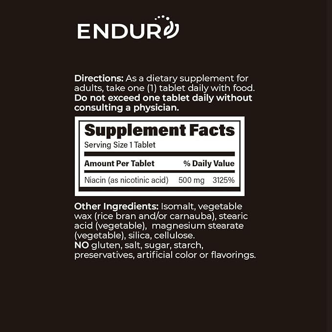 Endur Plain Niacin (Nicotinic Acid) Heart Health &amp Healthy Cholesterol Balance Supplement Immediate-Release Formula Gluten Free 500mg (100 Tablets)