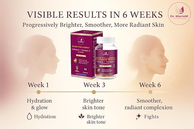 Glow Collagen+ Gummies Supplement – 1000mg Collagen + 500mg Vitamin C for Skin Brightening – Reduces Dark Spots Enhances Radiance and Evens Skin Tone – Tangerine Flavor – 60 Gummies